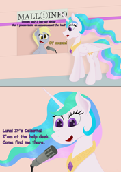 Size: 2480x3508 | Tagged: safe, artist:samenandsam, derpibooru import, derpy hooves, princess celestia, alicorn, pegasus, pony, g4, comic, dialogue, duo, duo female, english, female, high res, jewelry, jojo's bizarre adventure, kosaku kawajiri, looking at someone, looking at something, mall, mare, meme, microphone, open mouth, parody, ponified, ponified meme, regalia, scene parody, yoshikage kira