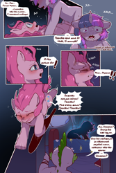 Size: 960x1440 | Tagged: safe, artist:cold-blooded-twilight translation, derpibooru import, edit, pinkie pie, spike, twilight sparkle, unicorn twilight, dragon, earth pony, pony, unicorn, comic:cold storm (ru), g4, alternate design, bed, belly, belly button, blue balls, blushing, book, cold blooded twilight, comic, crying, cyrillic, dialogue, eyes closed, female, golden oaks library, horn, lesbian, mare, open mouth, pinkie sense, running, russian, shipping, shrunken pupils, speech bubble, translation, translator:agent00k0t, twinkie