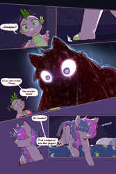 Size: 960x1440 | Tagged: safe, artist:cold-blooded-twilight translation, derpibooru import, edit, spike, twilight sparkle, unicorn twilight, dragon, pony, unicorn, comic:cold storm (ru), g4, alternate design, bed, cold blooded twilight, comic, crying, cyrillic, dialogue, female, glowing, glowing eyes, hair over eyes, horn, mare, open mouth, pillow, russian, silhouette, speech bubble, sweat, translation, translator:agent00k0t, twilight's bedroom