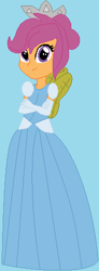 Size: 175x478 | Tagged: safe, artist:jadeharmony, derpibooru import, scootaloo, human, equestria girls, g4, alternate hairstyle, base used, base:selenaede, blue background, cinderella, clothes, crossed arms, crown, cute, cutealoo, disney princess, dress, evening gloves, fairy wings, female, gloves, gown, jewelry, long gloves, poofy shoulders, regalia, scootaloo also dresses in style, simple background, smiling, solo, wings