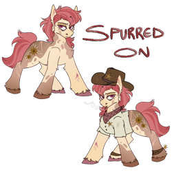 Size: 2000x2000 | Tagged: safe, artist:molars, derpibooru import, oc, oc only, oc:spurred on, earth pony, pony, fallout equestria, bandana, brown hooves, character design, clothes, cowboy hat, different coloured hooves, earth pony oc, eyebrows, female, hat, long mane, mare, mare oc, patch, pink hooves, pony oc, raised eyebrow, reference sheet, scar, sheriff, sheriff's badge, shirt, simple background, solo, stetson, transparent background, unshorn fetlocks, western