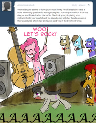 Size: 664x846 | Tagged: safe, artist:erthilo, derpibooru import, beauty brass, frederic horseshoepin, octavia melody, parish nandermane, pinkie pie, manticore, pony, g4, ask, ask octavia, bipedal, cello, female, mare, musical instrument, running, tumblr