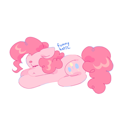 Size: 2048x1901 | Tagged: safe, artist:funnyhat12, derpibooru import, pinkie pie, earth pony, pony, g4, :t, closed mouth, eyebrows, eyes closed, female, full body, lying down, mare, prone, side view, signature, simple background, sleeping, solo, white background