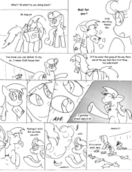 Size: 1012x1327 | Tagged: safe, artist:conner cogwork, derpibooru import, carrot top, derpy hooves, golden harvest, earth pony, pegasus, pony, comic:life with derpy, g4, carrot top's garden, female, mare, monochrome