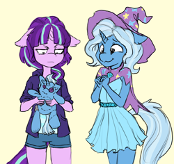 Size: 1730x1631 | Tagged: safe, artist:orchidpony, derpibooru import, starlight glimmer, trixie, anthro, pony, unicorn, g4, alternate hairstyle, button eyes, cape, clothes, cute, diatrixes, dress, duo, duo female, ears, female, floppy ears, hat, hoodie, horn, lesbian, lidded eyes, mare, plushie, pony plushie, s5 starlight, shipping, simple background, smiling, startrix, trixie's cape, trixie's hat, wizard hat, yellow background