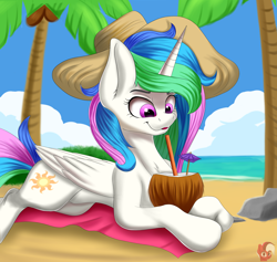 Size: 1900x1800 | Tagged: safe, artist:joaothejohn, derpibooru import, princess celestia, alicorn, pony, g4, beach, cloud, coconut, female, folded wings, food, hat, horn, lying down, mare, ocean, outdoors, palm tree, prone, sky, solo, tree, water, wings