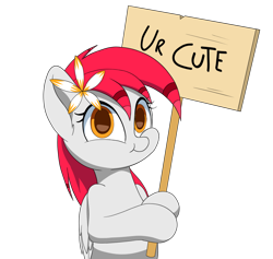 Size: 1900x1800 | Tagged: safe, artist:joaothejohn, derpibooru import, oc, oc only, oc:tiny jasmini, pegasus, pony, :3, bipedal, cute, diabetes, eyelashes, female, flower, flower in hair, holding sign, hooves together, looking at you, mare, micro, nya, ocbetes, pegasus oc, sign, simple background, smiling, smiling at you, smol, solo, tiny, tiny ponies, tinyjabetes, transparent background