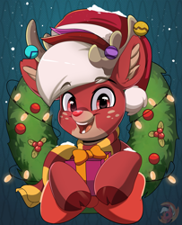 Size: 3977x4894 | Tagged: safe, artist:joaothejohn, artist:tomatopony, derpibooru import, oc, oc only, oc:flamebrush, deer, pony, reindeer, antlers, christmas, christmas lights, christmas wreath, clothes, cloven hooves, cute, ear fluff, ears, freckles, gradient background, hat, holding, holiday, hooves, horn, looking at you, male, multicolored hair, muzzle, open mouth, open smile, patterned background, present, reindeerified, santa hat, scarf, smiling, smiling at you, snow, solo, species swap, wreath