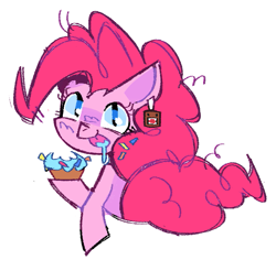 Size: 843x796 | Tagged: safe, artist:beanaay, derpibooru import, pinkie pie, earth pony, pony, g4, :p, blush scribble, blushing, bust, closed mouth, cupcake, domo, drool, ear piercing, eating, female, food, holding, looking at you, looking back, looking back at you, mare, piercing, raised hoof, raised leg, simple background, smiling, smiling at you, solo, sprinkles, stray strand, tongue, tongue out, white background