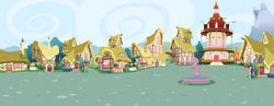 Size: 22500x8759 | Tagged: safe, artist:estories, derpibooru import, g4, absurd resolution, background, fountain, no pony, outdoors, ponyville, ponyville town hall, town hall, vector