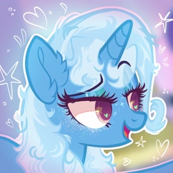 Size: 2048x2048 | Tagged: safe, artist:deerdreamers, derpibooru import, trixie, unicorn, g4, blue coat, blurry background, ear fluff, ears, eyelashes, glitter, heart, heart eyes, horn, open mouth, purple eyes, redraw, smug, solo, talking, wingding eyes