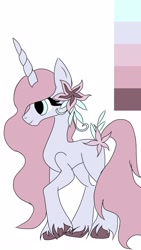 Size: 1440x2560 | Tagged: safe, artist:alarming-ad-9415, derpibooru import, oc, oc only, pony, unicorn, colored, concave belly, flat colors, flower, flower in hair, flower in tail, horn, not celestia, raised hoof, raised leg, side view, simple background, solo, tail, unicorn oc, unshorn fetlocks, white background