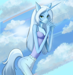 Size: 3000x3055 | Tagged: safe, artist:xilene, derpibooru import, oc, oc only, oc:skybright bliss, anthro, unicorn, horn, not trixie, outdoors, skinny, solo, tall, thin, white hair