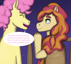 Size: 2800x2500 | Tagged: safe, artist:azurllinate, derpibooru import, li'l cheese, oc, oc:cherry top, earth pony, g4, 2025, blushing, canon x oc, clothes, curly hair, curly mane, dialogue, earth pony oc, eyes closed, female, futurehooves, green eyes, hooves, long mane, looking at each other, looking at someone, male, next gen:futurehooves, next generation, night, older, orange mane, outdoors, pink mane, railing, red mane, shading, shipping, smiling, smiling at each other, speech bubble, story included, straight, teeth, two toned mane, vest, yellow body