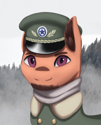 Size: 678x838 | Tagged: safe, artist:mrscroup, derpibooru import, oc, oc only, oc:caramel haze, earth pony, pony, equestria at war mod, beard, bust, cap, clothes, ear fluff, ears, earth pony oc, facial hair, forest, forest background, hat, military uniform, nature, outdoors, pony oc, portrait, solo, tree, uniform