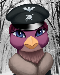 Size: 596x746 | Tagged: safe, artist:mrscroup, derpibooru import, oc, oc only, oc:rosa heidenreich, griffon, equestria at war mod, bust, cap, clothes, female, griffon oc, hat, outdoors, portrait, skull, solo, tree