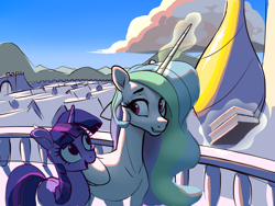 Size: 2224x1668 | Tagged: safe, artist:nadnerbd, derpibooru import, princess celestia, twilight sparkle, unicorn twilight, pony, unicorn, g4, balcony, book, canterlot, cloud, day, duo, duo female, female, height difference, lighting, long mane, magic, outdoors, physique difference, sky, slender, sternocleidomastoid, talking, thin, walking