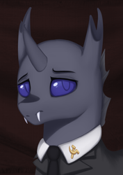 Size: 1485x2100 | Tagged: safe, artist:mrscroup, derpibooru import, oc, oc only, oc:cader scierite, changeling, equestria at war mod, bust, changeling oc, clothes, fangs, frown, hammer and sickle, horn, male, necktie, pin, portrait, solo