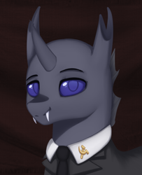 Size: 740x912 | Tagged: safe, artist:mrscroup, derpibooru import, oc, oc only, oc:cader scierite, changeling, equestria at war mod, bust, changeling oc, clothes, fangs, hammer and sickle, horn, male, necktie, pin, portrait, smiling, solo