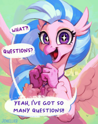 Size: 1488x1888 | Tagged: safe, artist:jewellier, derpibooru import, silverstream, classical hippogriff, hippogriff, series:ask silverstream, g4, ask, cover art, english, excited, female, griffon teeth, jewelry, looking at you, mlp art ask (ru), necklace, open mouth, open smile, pearl necklace, ponyville, smiling, solo, sparkles, sparkly eyes, speech bubble, talking to viewer, text, translation, wingding eyes, wings