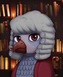 Size: 691x839 | Tagged: safe, artist:mrscroup, derpibooru import, oc, oc only, oc:magnificus mikusian, griffon, equestria at war mod, book, bookshelf, bust, candle, clothes, crooked beak, griffon oc, indoors, portrait, solo