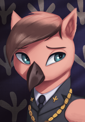 Size: 1470x2100 | Tagged: safe, artist:mrscroup, derpibooru import, oc, oc only, oc:francis ix martlewing, griffon, equestria at war mod, bust, clothes, flag background, griffon oc, necktie, portrait, solo, wings