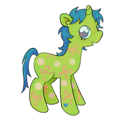 Size: 2048x2048 | Tagged: safe, artist:ratkid-kelp, derpibooru import, pony, unicorn, g1, :d, blue mane, blue tail, buttons, female, full body, green coat, horn, looking at you, mare, open mouth, open smile, ribbon, simple background, smiling, smiling at you, solo, standing, tail, three quarter view, twice as fancy buttons, twice as fancy ponies, white background