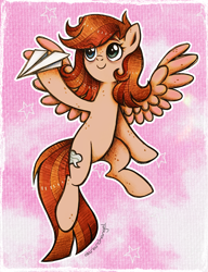 Size: 2277x2963 | Tagged: safe, artist:dariarchangel, derpibooru import, oc, oc only, pegasus, pony, g4, adorable face, art trade, bags under eyes, beauty mark, belly, brown hair, brown mane, brown tail, c:, cloud, cute, cute face, cute smile, eye clipping through hair, eyebrows, eyebrows visible through hair, female, female oc, flying, heterochromia, hoof hold, long tail, looking up, mare, mare oc, ocbetes, paper airplane, pegasus oc, pegasus wings, pink sky, pony oc, raised hoof, raised leg, sky, smiling, solo, spread wings, stars, sweet dreams fuel, tail, traditional art, wholesome, wings