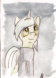 Size: 1548x2156 | Tagged: safe, artist:alexandrvirus, derpibooru import, lyra heartstrings, oc, oc only, pony, unicorn, g4, clothes, female, horn, mare, smiling, solo, traditional art, watercolor painting