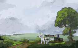 Size: 1920x1200 | Tagged: safe, artist:alexandrvirus, derpibooru import, twilight sparkle, oc, earth pony, pony, unicorn, g4, cart, female, horn, mare, outdoors, public transportation, road, scenery, traditional art, tree