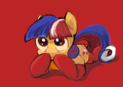 Size: 1661x1185 | Tagged: safe, artist:alexandrvirus, derpibooru import, oc, oc only, earth pony, pony, clothes, lying down, mascot, mts, prone, red background, simple background, socks, solo