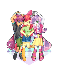 Size: 1200x1500 | Tagged: safe, artist:luo0991974, derpibooru import, apple bloom, scootaloo, sweetie belle, human, equestria girls, g4, :d, ;d, abstract background, boots, clothes, cutie mark crusaders, denim, denim shorts, eared humanization, eyes closed, female, full body, heart arms, heart arms trio, heart hands, humanized, jacket, looking at you, one eye closed, open mouth, open smile, patterned background, raised leg, shirt, shoes, short sleeves, shorts, simple background, skirt, smiling, tail, tailed humanization, text, trio, trio female, white background