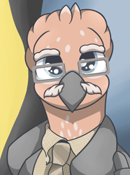 Size: 1756x2362 | Tagged: safe, artist:cofido, derpibooru import, oc, oc only, oc:wilfried pasvogel, griffon, equestria at war mod, bust, clothes, facial hair, glasses, griffon oc, male, moustache, necktie, portrait, solo