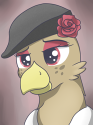 Size: 756x1017 | Tagged: safe, artist:cofido, derpibooru import, oc, oc only, oc:fiona schmitz, griffon, equestria at war mod, bust, female, flower, griffon oc, hat, portrait, rose, solo