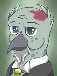 Size: 756x1017 | Tagged: safe, artist:cofido, derpibooru import, oc, oc only, oc:otto weschler, griffon, equestria at war mod, beard, birthmark, bust, clothes, facial hair, griffon oc, male, necktie, portrait, solo