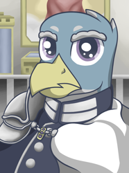 Size: 756x1017 | Tagged: safe, artist:cofido, derpibooru import, oc, oc only, oc:jürgen von grypsburg, griffon, equestria at war mod, bust, clothes, griffon oc, indoors, male, portrait, solo