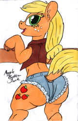 Size: 773x1200 | Tagged: safe, artist:sepiakeys, derpibooru import, applejack, earth pony, pony, semi-anthro, g4, applebutt, back, bipedal, bipedal leaning, butt, clothes, daisy dukes, denim, denim shorts, dock, ear fluff, ears, fence, freckles, horseshoes, leaning, midriff, open mouth, plot, shorts, solo, tail, unshorn fetlocks, vest