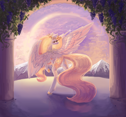 Size: 4240x3951 | Tagged: safe, artist:anastas, derpibooru import, princess celestia, alicorn, g4, alternate design, colored hooves, column, detailed background, ethereal mane, ethereal tail, flowing mane, flowing tail, food, gold hooves, grapes, hooves, mountain, prancing, reflection, solo, spread wings, sternocleidomastoid, sunset, tail, thorn, vine, wings