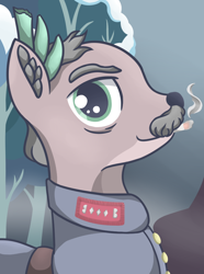 Size: 756x1017 | Tagged: safe, artist:cofido, derpibooru import, oc, oc only, oc:gulrain lisvaldr, deer, equestria at war mod, antlers, bust, clothes, deer oc, facial hair, male, military uniform, moustache, non-pony oc, portrait, solo, uniform