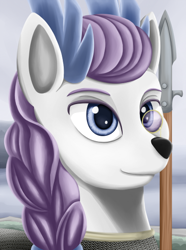 Size: 400x538 | Tagged: safe, derpibooru import, oc, oc only, oc:ygritte bylgjasdôttir, deer, equestria at war mod, antlers, armor, bust, chainmail, deer oc, female, monocle, non-pony oc, portrait, solo, spear, weapon