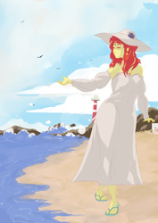 Size: 3156x4470 | Tagged: safe, artist:ponny, derpibooru import, sunset shimmer, bird, human, equestria girls, g4, beach, breasts, clothes, cloud, colored, detached sleeves, dress, eyes closed, female, grin, hat, lighthouse, outdoors, sandals, shading, smiling, solo, sundress, sunset jiggler, walking