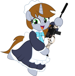 Size: 6936x6990 | Tagged: safe, artist:jhayarr23, derpibooru import, oc, oc:littlepip, pony, unicorn, fallout equestria, bipedal, clothes, commission, commissioner:solar aura, cute, female, gun, horn, maid, mare, open mouth, open smile, rifle, simple background, smiling, solo, transparent background, unicorn oc, weapon, zebra rifle