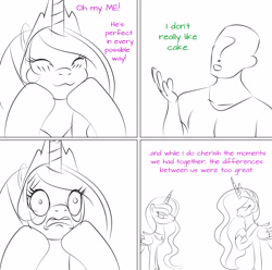 Size: 4000x3963 | Tagged: safe, artist:anonymousandrei, derpibooru exclusive, derpibooru import, princess celestia, princess luna, oc, oc:anon, alicorn, human, pony, g4, 4 panel comic, anonlestia, breakup, cakelestia, comic, dialogue, eyelid pull, faic, food, shipping, simple background, sketch, white background