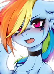 Size: 1992x2724 | Tagged: safe, artist:kutoshi, derpibooru import, rainbow dash, g4, angry, beautiful, blushing, bust, cheek fluff, choker, cute, dashabetes, ear fluff, ears, female, looking at you, madorable, simple background, slit eyes, solo, sternocleidomastoid, white background