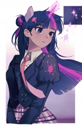 Size: 1304x1982 | Tagged: safe, artist:memoji_0708, derpibooru import, twilight sparkle, human, g4, blazer, blushing, clothes, cute, dark skin, eared humanization, female, glowing, glowing horn, hairclip, horn, horned humanization, humanized, necktie, shirt, skirt, solo, twiabetes