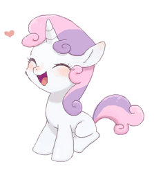 Size: 405x454 | Tagged: safe, artist:nora1211, derpibooru import, sweetie belle, pony, unicorn, g4, 2014, cute, diasweetes, eyes closed, female, filly, foal, full body, happy, heart, horn, old art, open mouth, open smile, simple background, sitting, smiling, solo, tail, two toned mane, two toned tail, white background