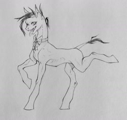 Size: 1600x1506 | Tagged: safe, artist:orcaorcaacro, derpibooru import, oc, oc only, earth pony, pony, black and white, bowtie, grayscale, monochrome, sketch, solo, tongue, tongue out, traditional art