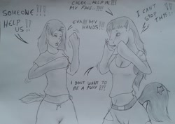 Size: 2064x1464 | Tagged: safe, artist:dastanprince, derpibooru import, oc, oc:chloe, oc:eva, pony, g1, breasts, cleavage, clothes, deviantart watermark, dialogue, human to pony, monochrome, obtrusive watermark, pencil drawing, species swap, traditional art, transformation, unwilling transformation, watermark