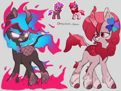 Size: 4096x3072 | Tagged: safe, artist:metaruscarlet, derpibooru import, oc, oc only, oc:metaru scarlet, kirin, nirik, pony, cloven hooves, doubt, fangs, fire, flower, flower in hair, gray background, horn, kirin horn, kirin-ified, looking at each other, looking at someone, pony town, simple background, species swap, spotted