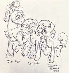 Size: 1934x2048 | Tagged: safe, artist:texacity, derpibooru import, oc, oc only, oc:jazz apple, oc:opal apple, oc:sugarbee buttercup apple, earth pony, pegasus, pony, character name, chest fluff, clothes, eyes closed, female, freckles, height difference, lidded eyes, male, mare, monochrome, offspring, open mouth, open smile, parent:big macintosh, parent:fluttershy, parents:fluttermac, pencil drawing, siblings, sketch, smiling, stallion, traditional art, trio, unshorn fetlocks, vest